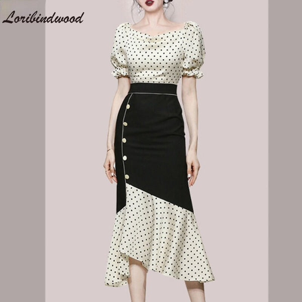 Summer 2 Pieces Set Women Dot Print Shirts Blouses And High Waist Patchwork Mermaid Skirts Korean Office Lady Suit