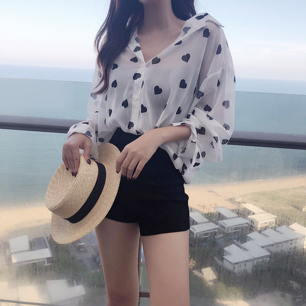 Summer 2022 New Arrival Wild Vintage Women Blouse Fashion Shirts Long Sleeve Casual Love Print Thin Perspective Blusas 75613
