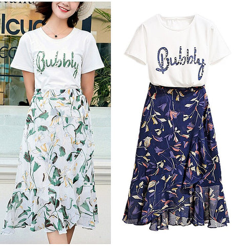 Summer 2022 Women Clothing Set Pearls Beading Letters Tees  Crop Tops+ Ruffles Elegant Floral Print Slim Skirts Suits NS607
