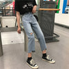 Summer 2022 Korean Style Ulzzang High Waist Personalized Knee Ripped Jeans Versatile Slimming Cropped Pants Women's Fashion