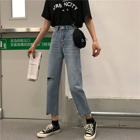 Summer 2022 Korean Style Ulzzang High Waist Personalized Knee Ripped Jeans Versatile Slimming Cropped Pants Women's Fashion