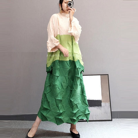 Summer 2022  French color matching women's dress Miyak fold  large size was thin and gentle wind goddess  fan dress 98