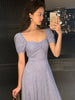 Summer 2022 Blue Casual Split Fork Elegant Dresses for Women Square Collar Vintage Short Puff Sleeve Midi Dress Polka Dot
