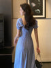 Summer 2022 Blue Casual Split Fork Elegant Dresses for Women Square Collar Vintage Short Puff Sleeve Midi Dress Polka Dot