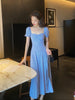 Summer 2022 Blue Casual Split Fork Elegant Dresses for Women Square Collar Vintage Short Puff Sleeve Midi Dress Polka Dot