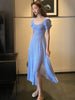 Summer 2022 Blue Casual Split Fork Elegant Dresses for Women Square Collar Vintage Short Puff Sleeve Midi Dress Polka Dot