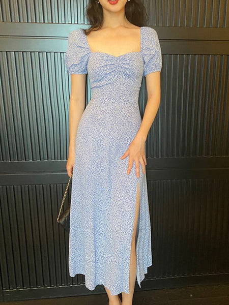 Summer 2022 Blue Casual Split Fork Elegant Dresses for Women Square Collar Vintage Short Puff Sleeve Midi Dress Polka Dot
