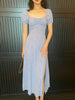 Summer 2022 Blue Casual Split Fork Elegant Dresses for Women Square Collar Vintage Short Puff Sleeve Midi Dress Polka Dot