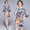 Summer 2022 Runway  Flower Print A-Line Dress Women's Three Quarter Sleeve Beading Elegant Loose Short Dress