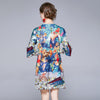 Summer 2022 Runway  Flower Print A-Line Dress Women's Three Quarter Sleeve Beading Elegant Loose Short Dress