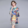Summer 2022 Runway  Flower Print A-Line Dress Women's Three Quarter Sleeve Beading Elegant Loose Short Dress