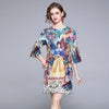 Summer 2022 Runway  Flower Print A-Line Dress Women's Three Quarter Sleeve Beading Elegant Loose Short Dress