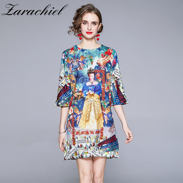Summer 2022 Runway  Flower Print A-Line Dress Women's Three Quarter Sleeve Beading Elegant Loose Short Dress