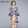 Summer 2022 Runway  Flower Print A-Line Dress Women's Three Quarter Sleeve Beading Elegant Loose Short Dress