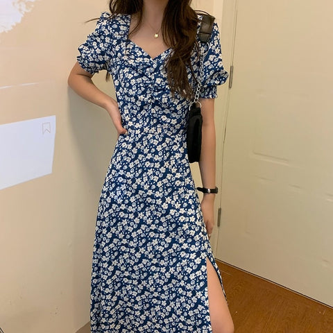 Summer 2022  Floral Slit Slim-Fitting Slimming Mid-Length Chiffon Dress French Style Temperament Dress Women's Clothing