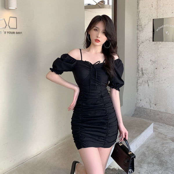 Summer 2022 Korean Style Elegant French Style Lightly Mature Puff Sleeve Pleated Drawstring Slim Slimming Dress for Women
