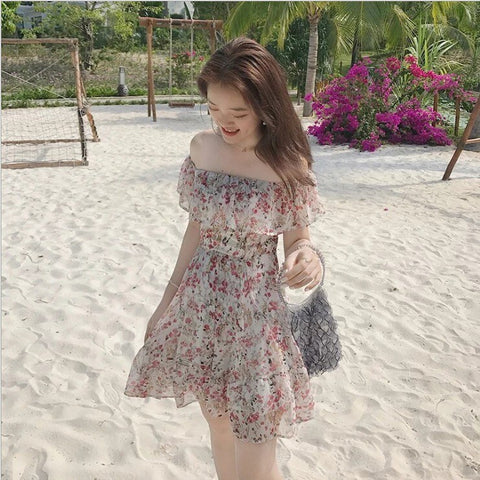 Summer 2022 Sanya Hainan resort beach skirt Chiffon women's one shoulder Floral Dress