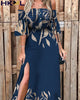 Summer 2022 Women Maxi Dress Off Shoulder Puff Sleeve Ruched  Floral Print High Slit  Elegant Casual Clothing Dress