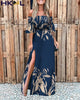 Summer 2022 Women Maxi Dress Off Shoulder Puff Sleeve Ruched  Floral Print High Slit  Elegant Casual Clothing Dress