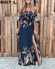 Summer 2022 Women Maxi Dress Off Shoulder Puff Sleeve Ruched  Floral Print High Slit  Elegant Casual Clothing Dress