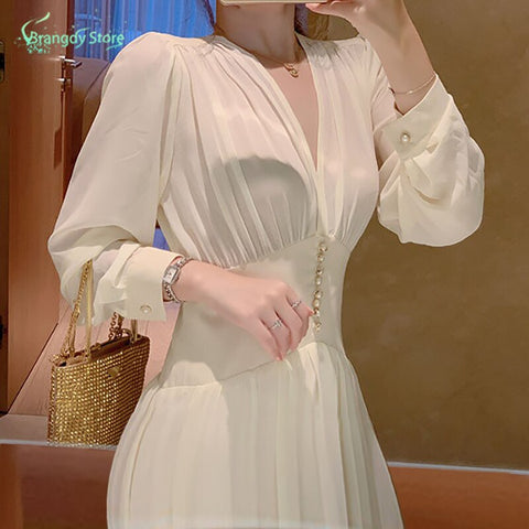 Summer 2022 Women's Clothing Long Sleeves Chiffon Dress American Apparel Elegant Vintage Clothes Designer Cotagecore Sukienka