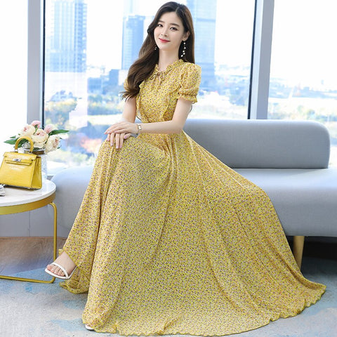Summer 2022 Korean Short Sleeve Chiffon floral dress slim waist long skirt beach skirt