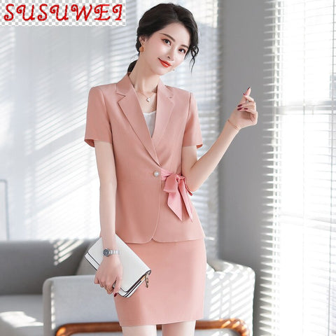 Summer 2022 professional women's skirt suit Casual  ladies pink jacket small suit Female Elegant Slim Skirt