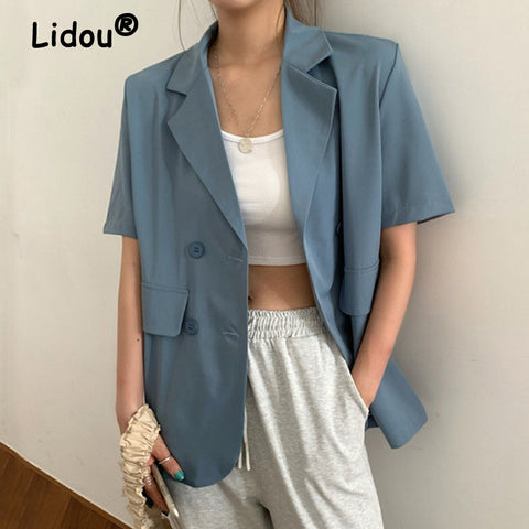 Summer 2023 Korean Solid Double Breasted Pocket Short Sleeve Thin Loose Casual Blazers Women Temperament All-match Suits