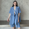 Summer 2023 Korean Women Notched Collar Single Button Lacing Blue Blazers Loose Short Sleeve Casual Suit Jacket Female Outerwear