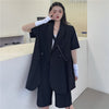 Summer 2023 Korean Women Notched Collar Single Button Lacing Blue Blazers Loose Short Sleeve Casual Suit Jacket Female Outerwear