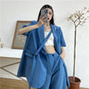 Summer 2023 Korean Women Notched Collar Single Button Lacing Blue Blazers Loose Short Sleeve Casual Suit Jacket Female Outerwear