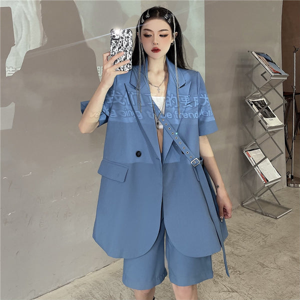 Summer 2023 Korean Women Notched Collar Single Button Lacing Blue Blazers Loose Short Sleeve Casual Suit Jacket Female Outerwear