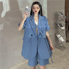 Summer 2023 Korean Women Notched Collar Single Button Lacing Blue Blazers Loose Short Sleeve Casual Suit Jacket Female Outerwear