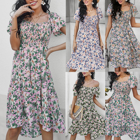 Summer 2023 Dress Women's Bohemian Print Dress Short Sleeve One Word Neck Sexy Floral Vintage Beach Women's Dress