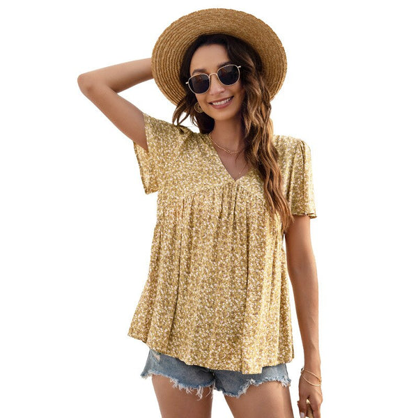 Summer 2023 Sweet Women T-Shirt V-Neck Short Sleeve Floral Printing Boho Beach Tees Loose Casual Ladies T-Shirt Tops