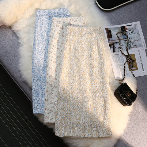 Summer 2023 Vintage High Waist Skirts Women Korean Back Split Floral Long Skirt Woman
