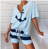 Summer 2Pcs Women Tracksuit Boat Anchor Print Shirt and Shorts Set Spring Elegant V Neck Pullover Ladies Sportswear Suits Pocket