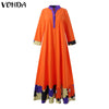 Summer 3/4 Sleeve Patchwork Hem Dress VONDA Women Retro Floral Print Pleated Dresses A-Lined Vestidos Female Orange Color Robes