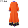 Summer 3/4 Sleeve Patchwork Hem Dress VONDA Women Retro Floral Print Pleated Dresses A-Lined Vestidos Female Orange Color Robes