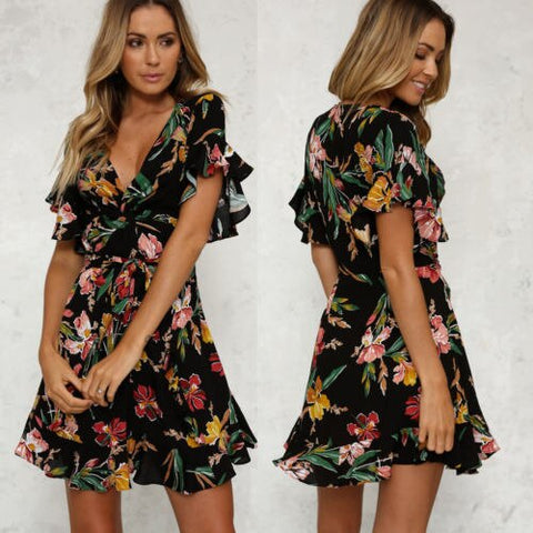 Summer Autumn Chiffon Print Dress 2019  Women Long Boho Maxi Print V-Neck Casual Chiffon Ruffles Butterfly Sleeve Beach Dress