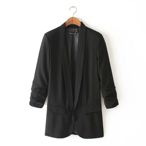 Summer Autumn Jacket Coat Women Thin None Button Plicated 3/4 Sleeve Long Chiffon Blazer Ladies Business Suits Casual Outerwear