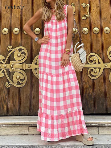 Summer Beach Casual Loose Long Dress Women Elegant Square Neck Sleeveless Dresses 2023 Retro Plaid Pattern Maxi Dresses