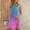 Summer Beach Dresses For Women Metal Hanging Neck Boho Dresses Tie-dye Print Strapless Dress Casual Beach Mini Dress Sundress