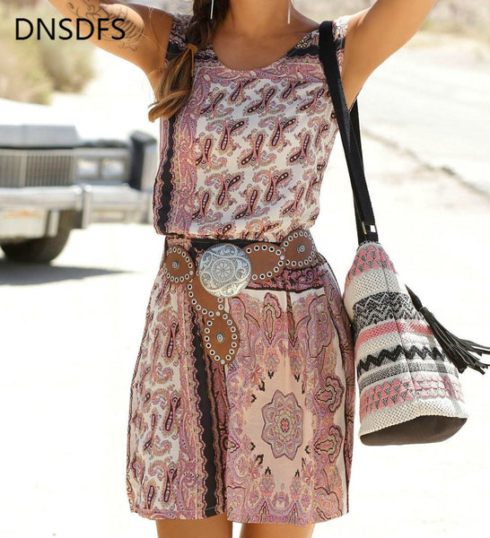 Summer Beach Dresses Women's Casual Boho A Line Mini Sleeveless Printed Dress  Elastic Waist Loose Slim Short Dress