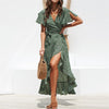 Summer Beach Maxi Dress Women Floral Print Boho Long Chiffon Dress Ruffles Wrap Casual V-Neck Split Sexy Party Ladies Dress Robe