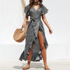 Summer Beach Maxi Dress Women Floral Print Boho Long Chiffon Dress Ruffles Wrap Casual V-Neck Split Sexy Party Ladies Dress Robe