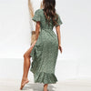 Summer Beach Maxi Dress Women Floral Print Boho Long Chiffon Dress Ruffles Wrap Casual V-Neck Split Sexy Party Ladies Dress Robe