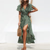 Summer Beach Maxi Dress Women Floral Print Boho Long Chiffon Dress Ruffles Wrap Casual V-Neck Split Sexy Party Ladies Dress Robe