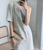 Summer Blazer Set Vintage Two Piece Set Women Skirt Short Sleeve Blazer Coat + High Waist Long Skirt 2 Piece Outfits Casual Suit