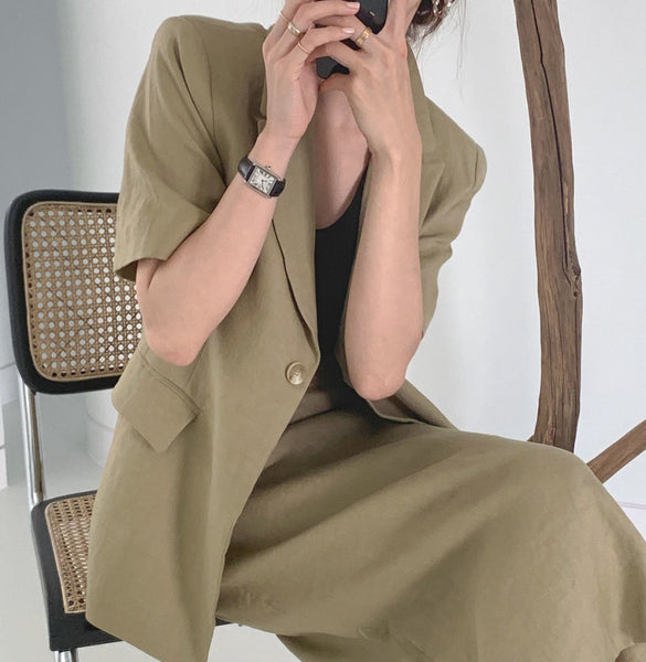 Summer Blazer Set Vintage Two Piece Set Women Skirt Short Sleeve Blazer Coat + High Waist Long Skirt 2 Piece Outfits Casual Suit